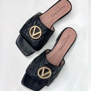 Valentino by Mario Valentino Afrodite Quilted Leather Slide Sandals Black Size 6
